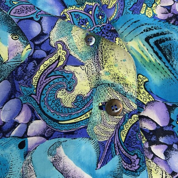 Vintage Silk Top Women's Sz 8 Tropical Ocean Fish Floral Paisley MISSING BUTTONS - Picture 3 of 16